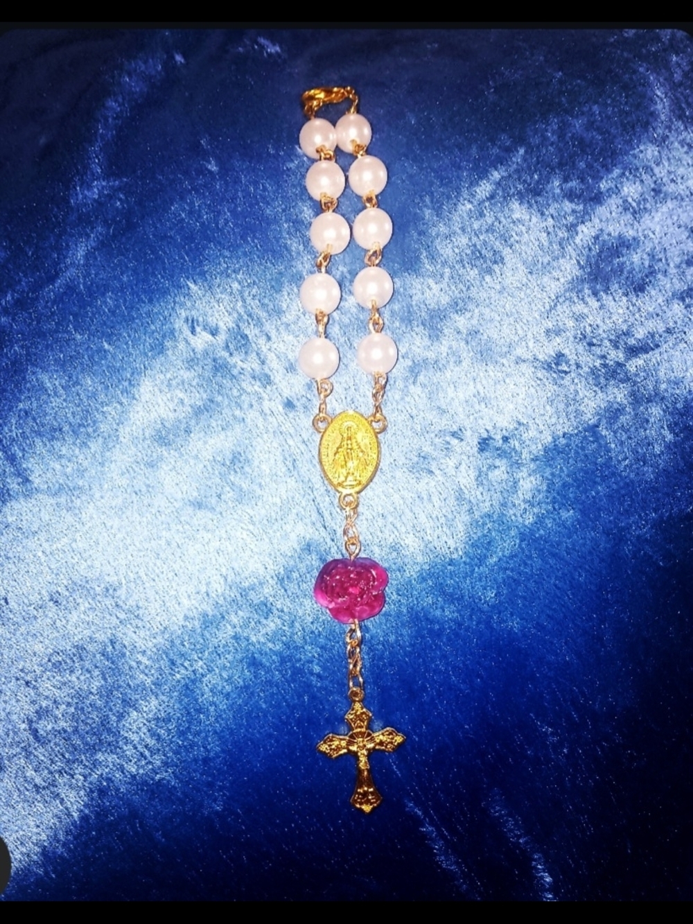 Gold-Tone Rosary Bracelet with White Pearls and Pink Rose Accent